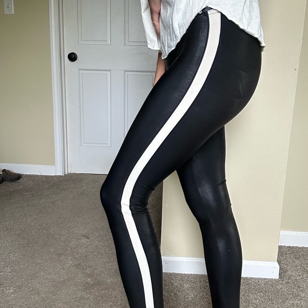 SPANX |  Black Faux Leather Leggings with Cream Stripe